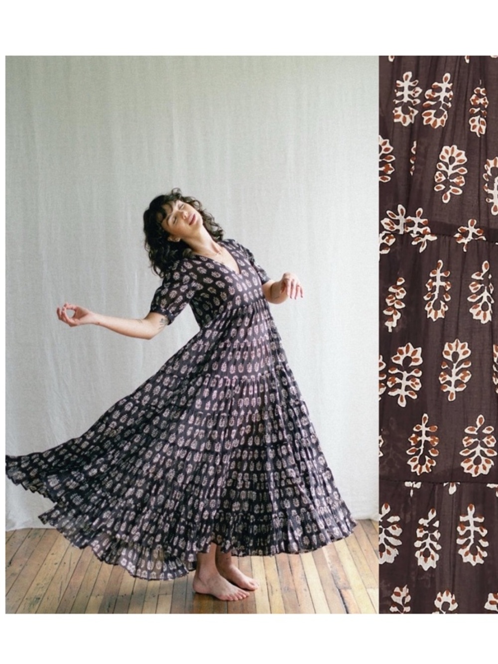 Daughters of India Chaaya Dress Brown Cotton Block Print Maxi Dress XS